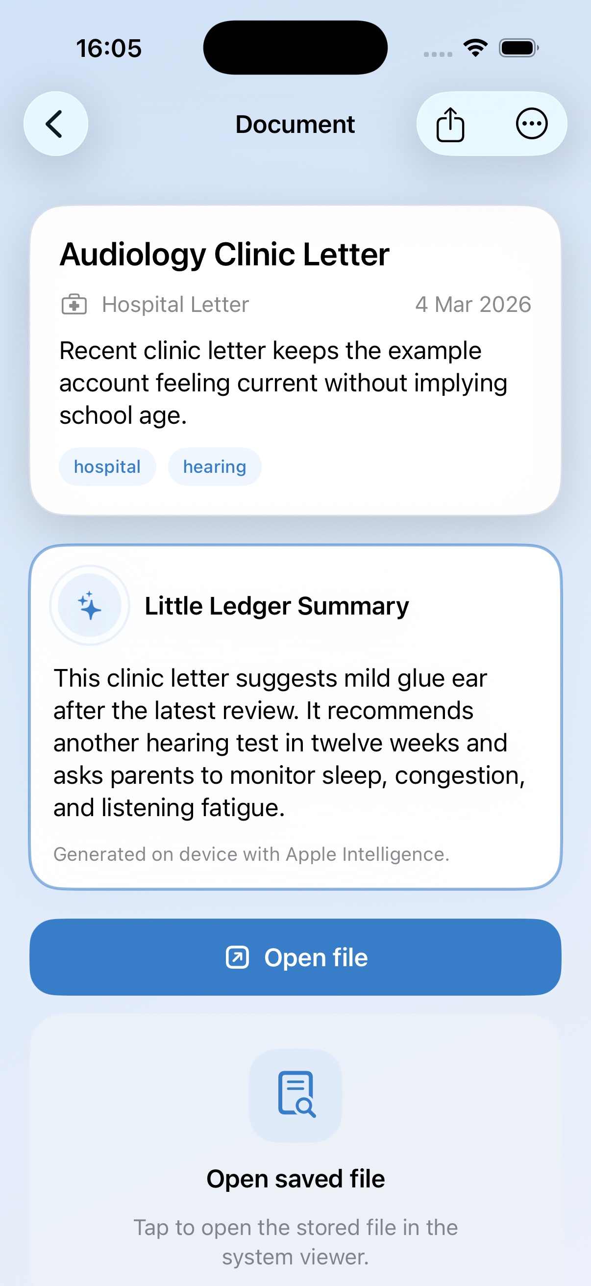 Little Ledger document screen showing an on-device summary of an audiology clinic letter.