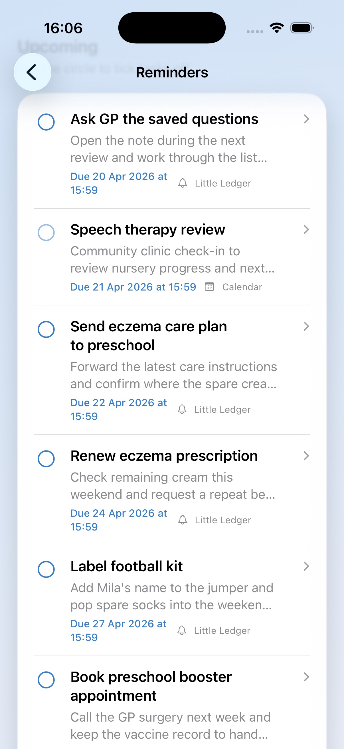 Little Ledger reminders screen with upcoming tasks and due dates.