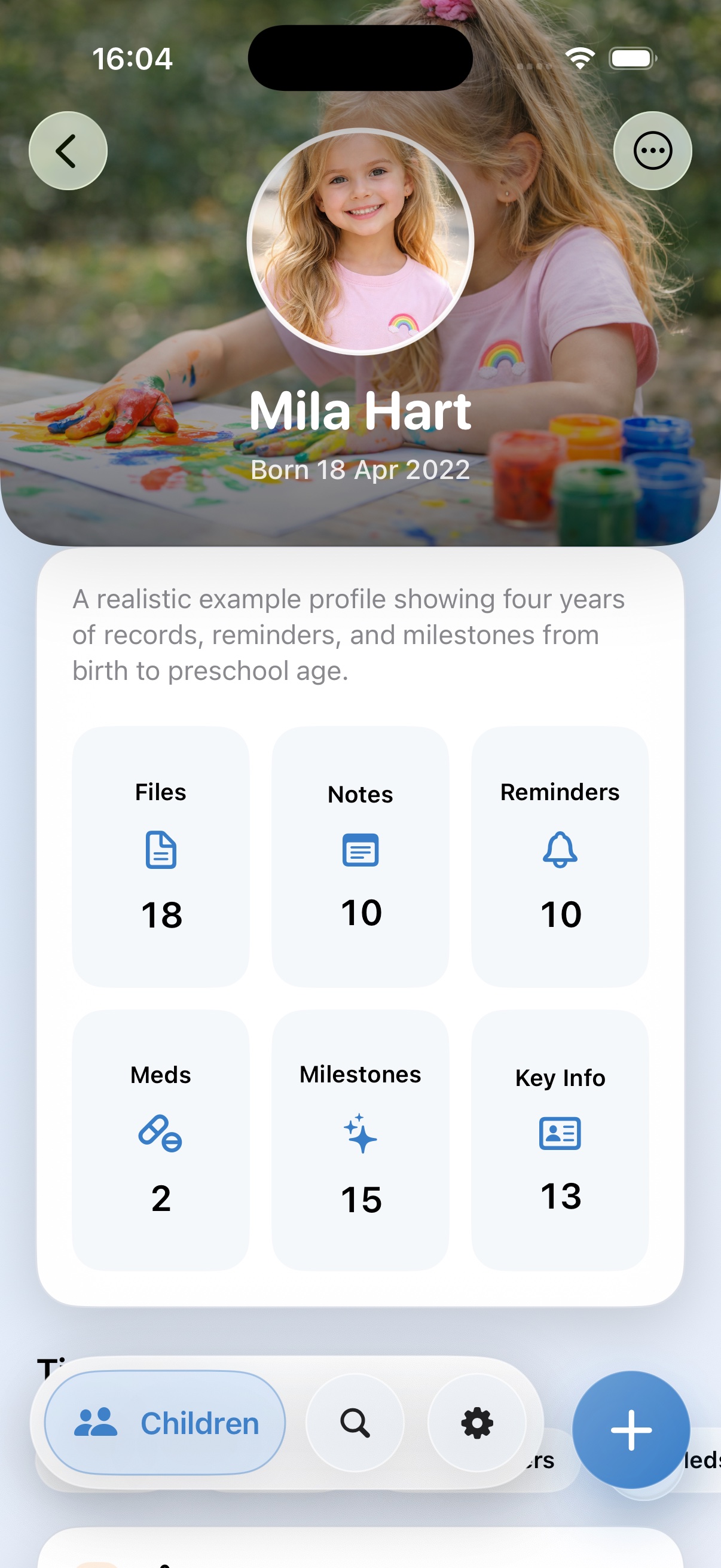 Little Ledger child profile screen with records, notes, reminders, medication, milestones, and key information counts.