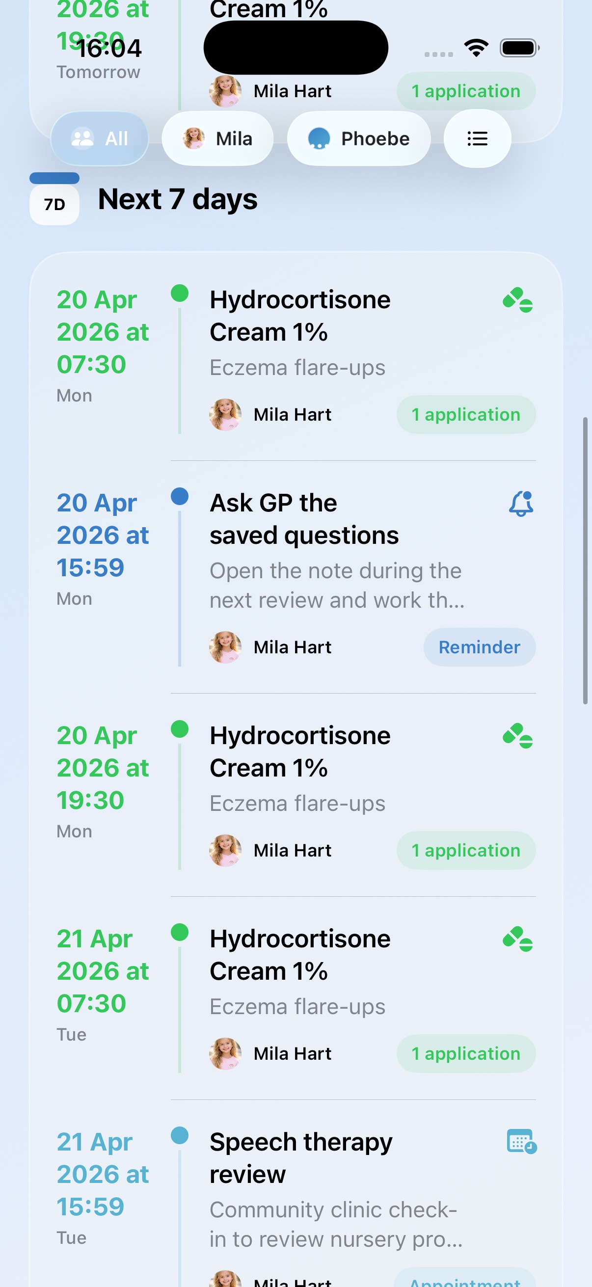 Calendar and reminder timeline screen.
