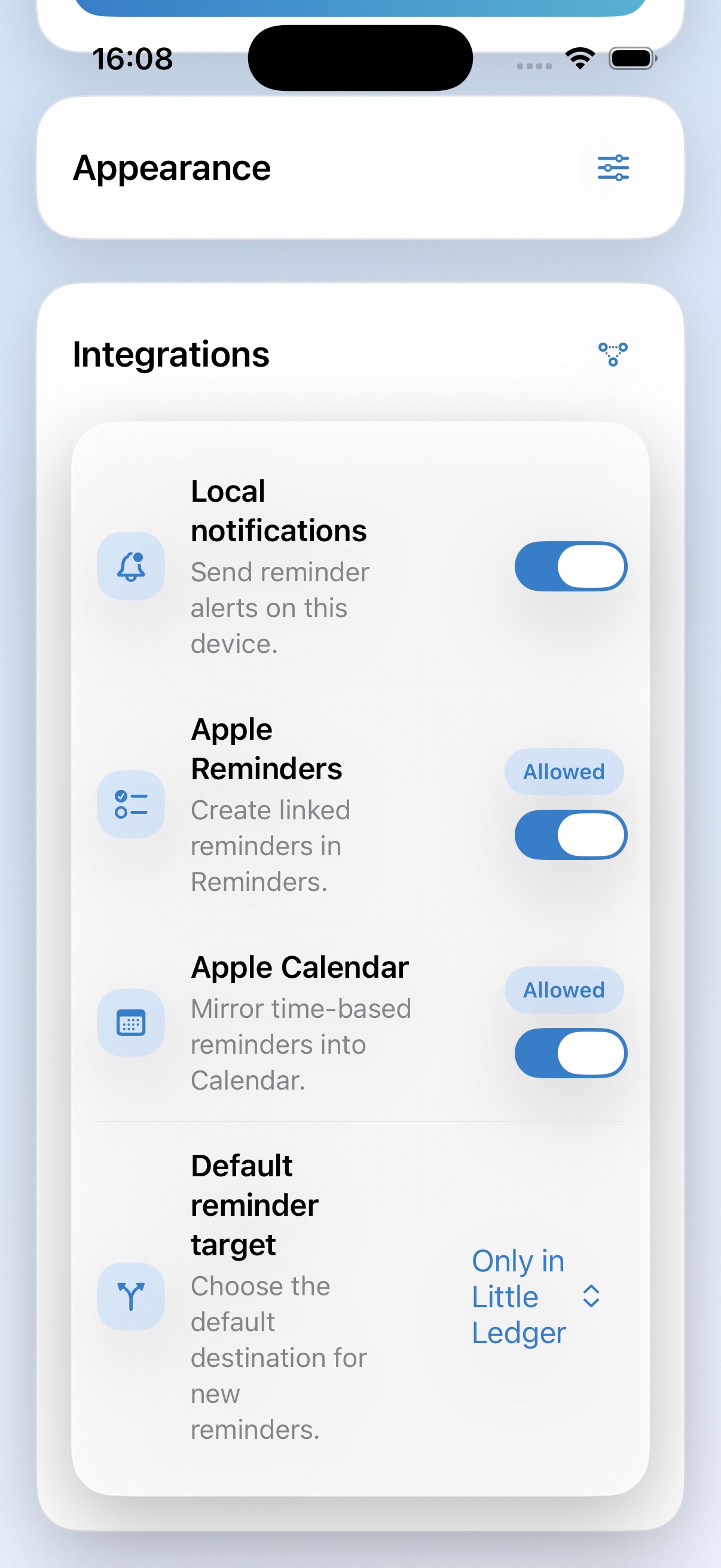 Little Ledger integrations settings screen.