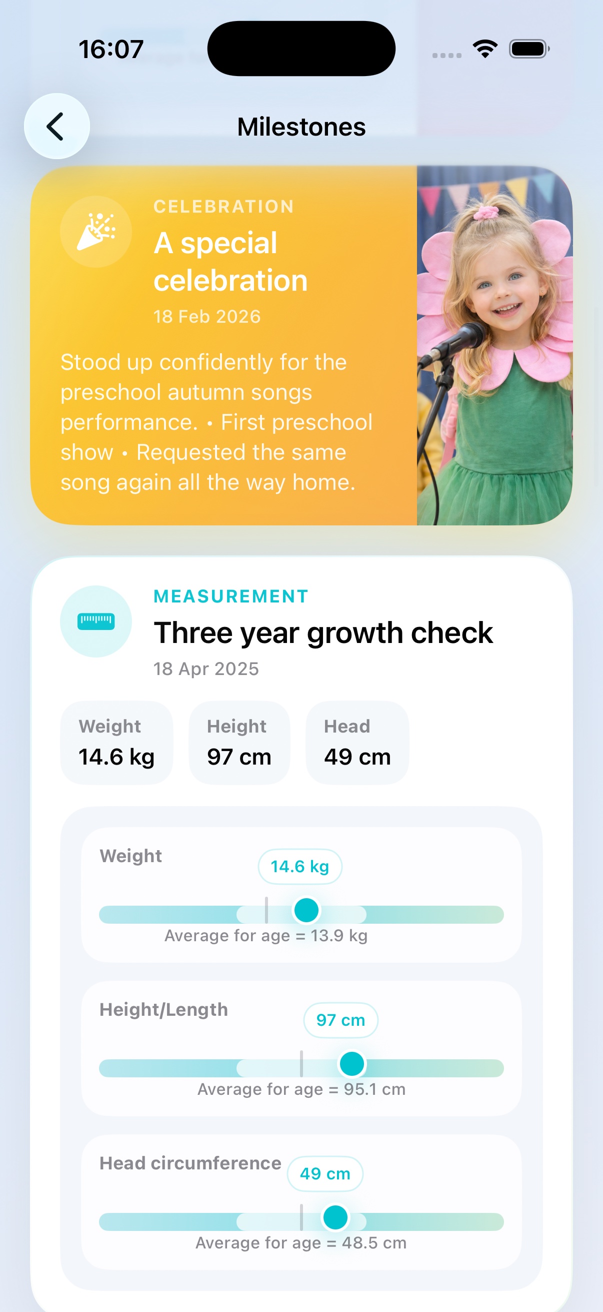 Milestones and growth records screen.