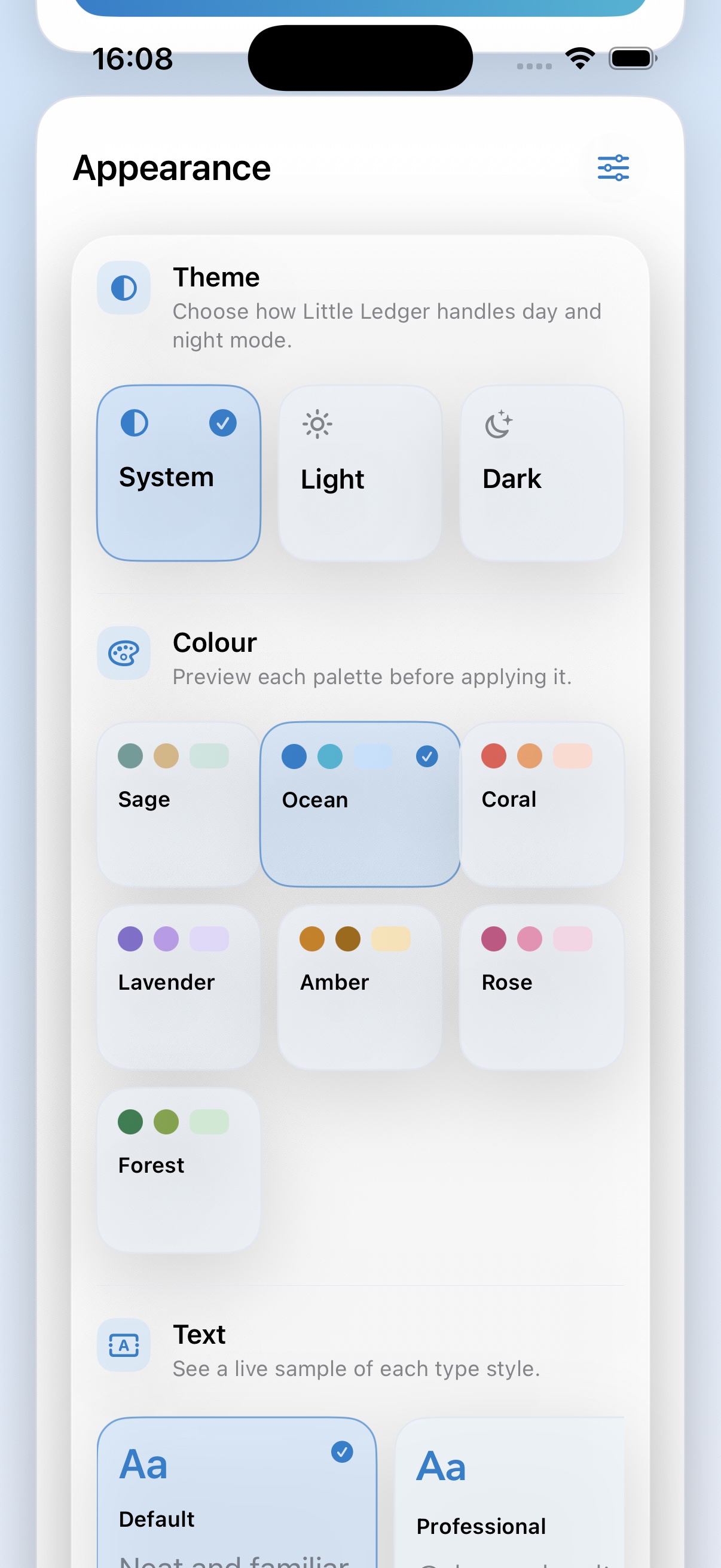 Personalisation settings screen with colour and text options.