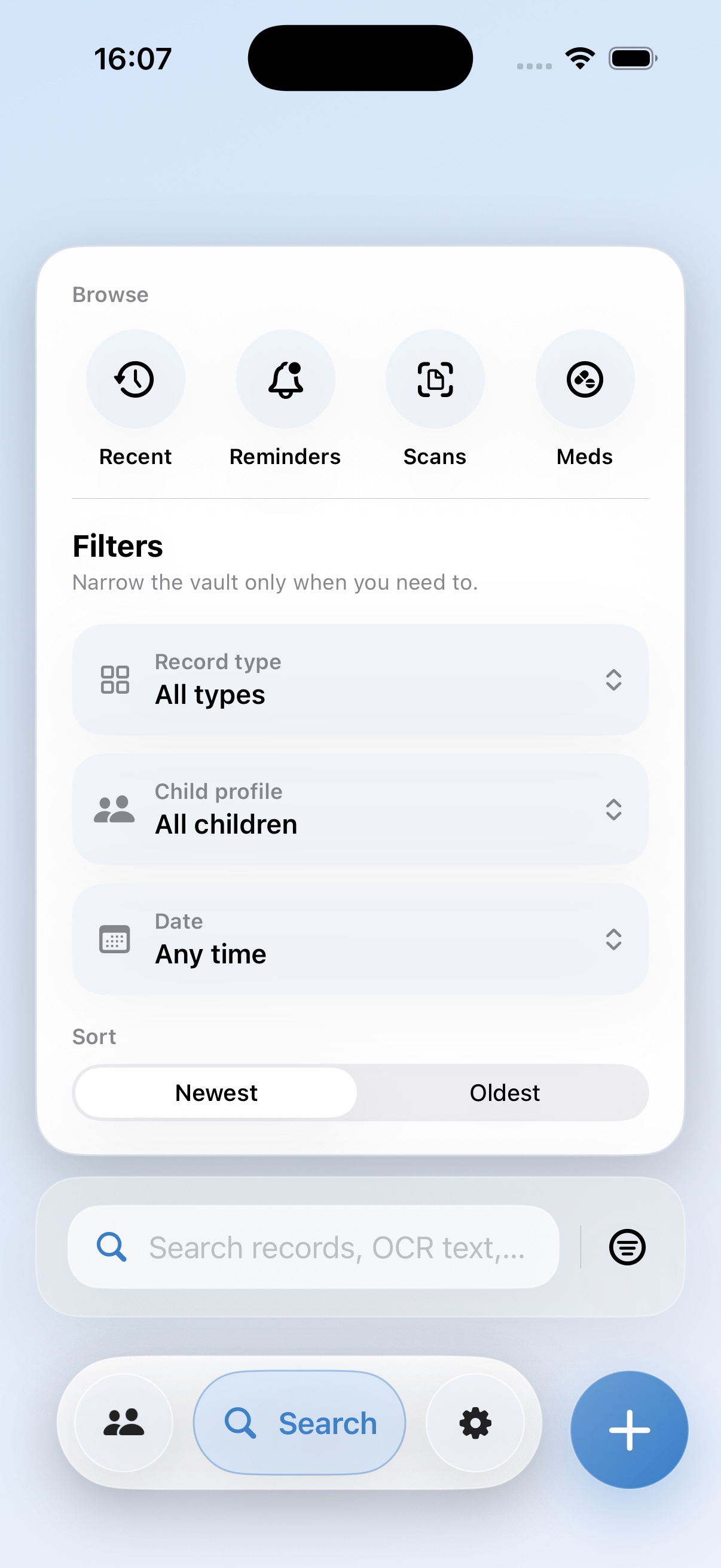 Little Ledger search screen with filters for recent records, reminders, scans, and medication.