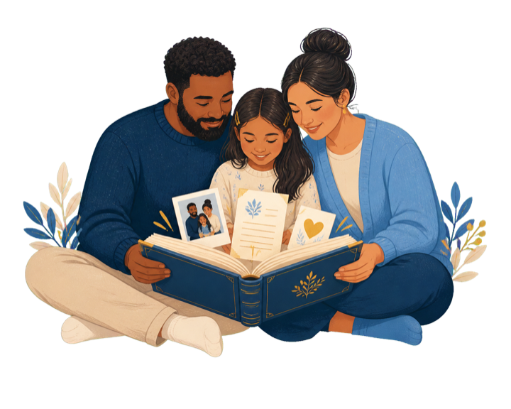 Illustration of a family looking through an album